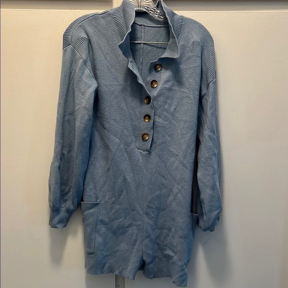 Blue Button-Up Sweater Romper